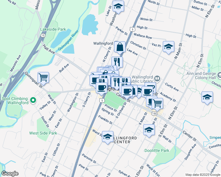 map of restaurants, bars, coffee shops, grocery stores, and more near 16 Center Street in Wallingford