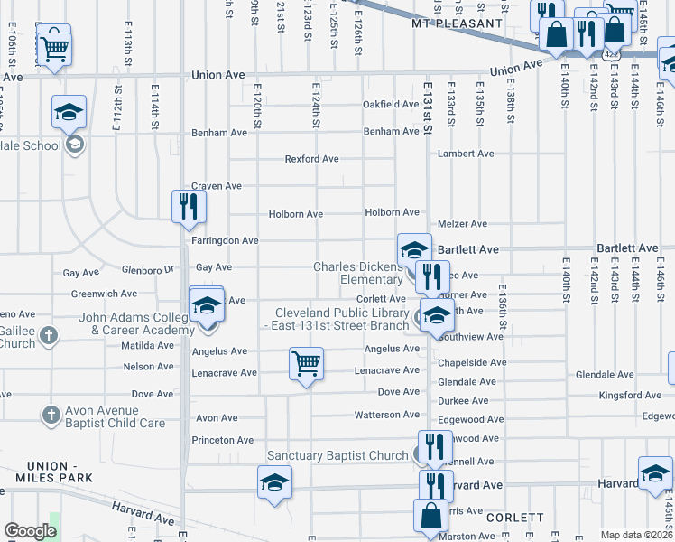 map of restaurants, bars, coffee shops, grocery stores, and more near 12509 Gay Avenue in Cleveland