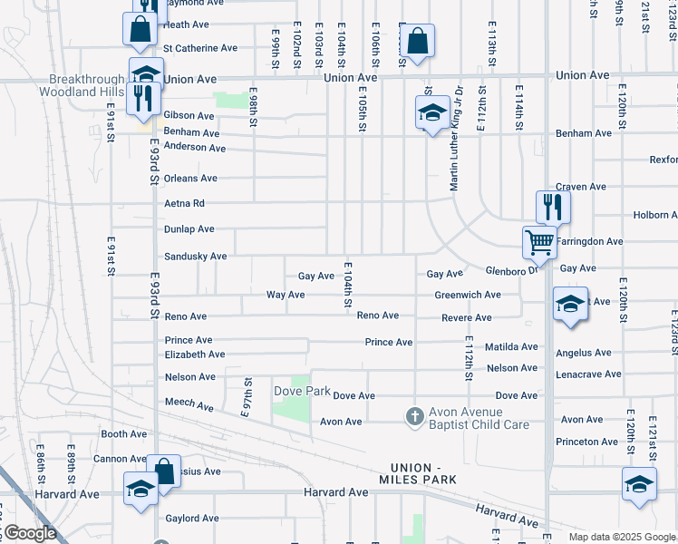 map of restaurants, bars, coffee shops, grocery stores, and more near 10410 Sandusky Avenue in Cleveland