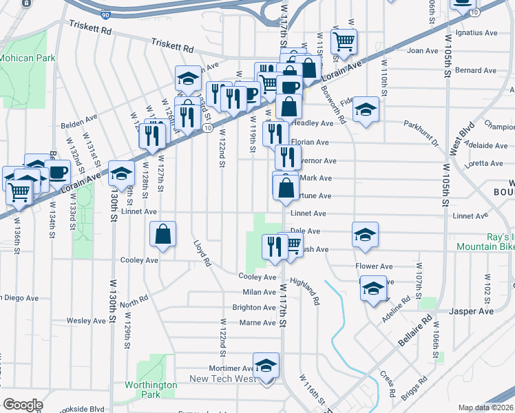 map of restaurants, bars, coffee shops, grocery stores, and more near 3522 West 119th Street in Cleveland