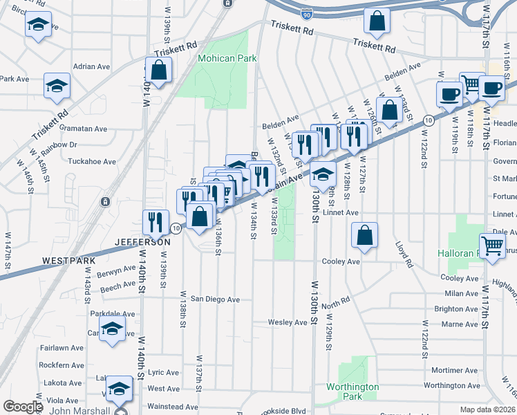 map of restaurants, bars, coffee shops, grocery stores, and more near 13349 Lorain Avenue in Cleveland
