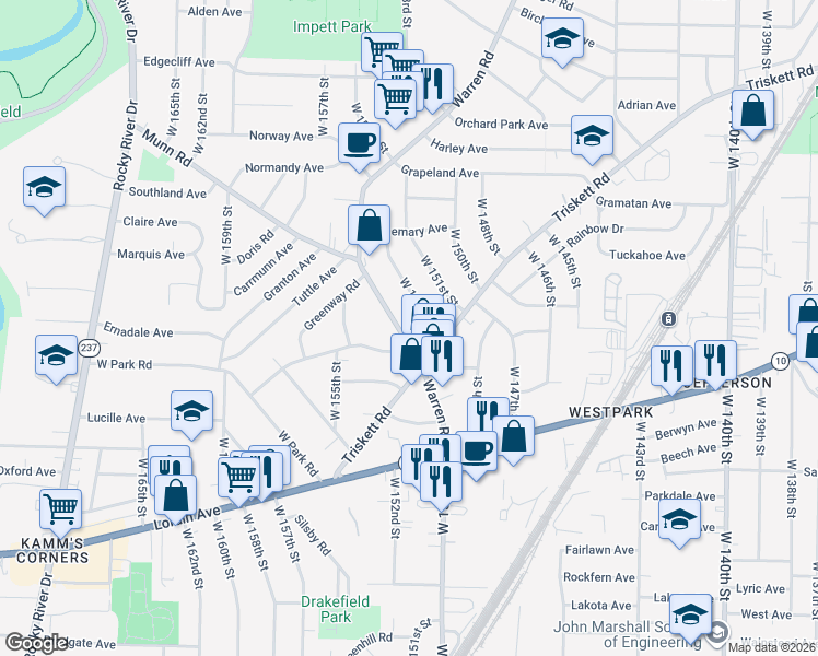 map of restaurants, bars, coffee shops, grocery stores, and more near 3520 West 152nd Street in Cleveland