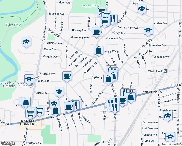 map of restaurants, bars, coffee shops, grocery stores, and more near 3480 West 155th Street in Cleveland