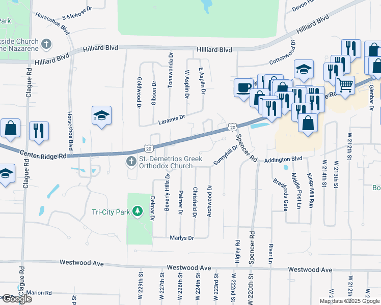 map of restaurants, bars, coffee shops, grocery stores, and more near 36 Nantucket Row in Rocky River
