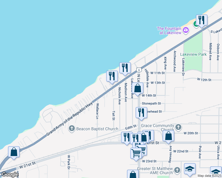 map of restaurants, bars, coffee shops, grocery stores, and more near 2733 U.S. 6 in Lorain