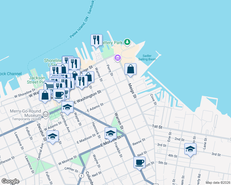 map of restaurants, bars, coffee shops, grocery stores, and more near 322 Perry Street in Sandusky