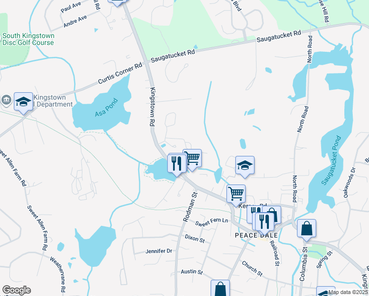 map of restaurants, bars, coffee shops, grocery stores, and more near 63 Rocky Brook Way in South Kingstown