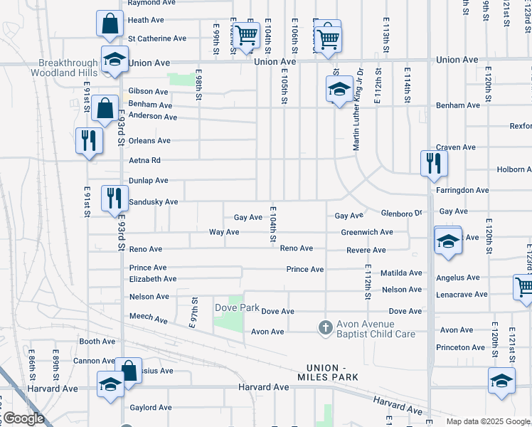 map of restaurants, bars, coffee shops, grocery stores, and more near 10410 Sandusky Avenue in Cleveland