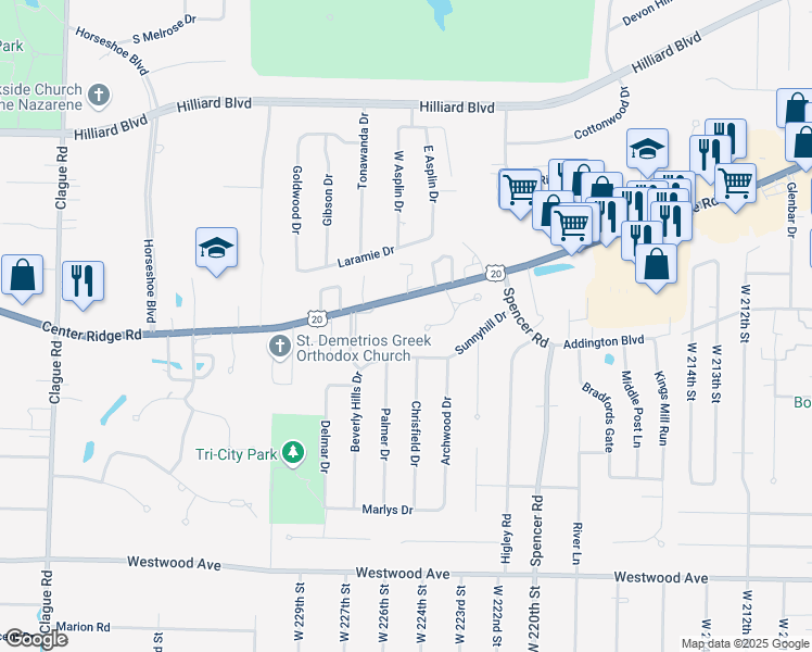 map of restaurants, bars, coffee shops, grocery stores, and more near 36 Nantucket Row in Rocky River