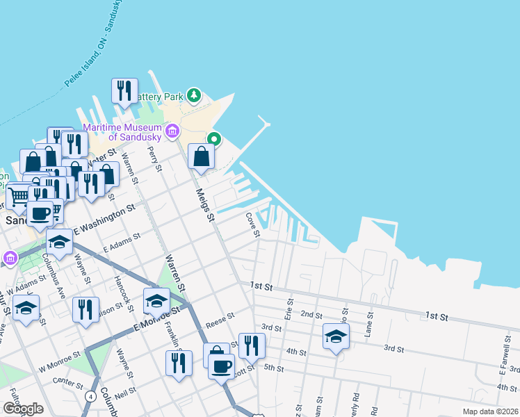 map of restaurants, bars, coffee shops, grocery stores, and more near 811 Curran Street in Sandusky