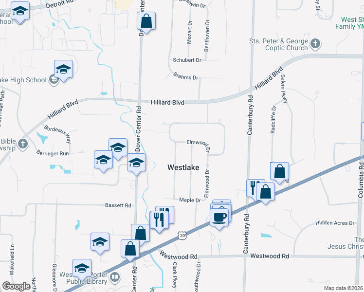map of restaurants, bars, coffee shops, grocery stores, and more near 26945 Elmwood Drive in Westlake