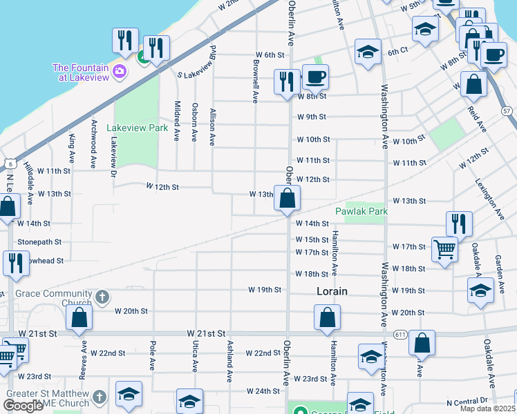 map of restaurants, bars, coffee shops, grocery stores, and more near 1227 West 13th Street in Lorain