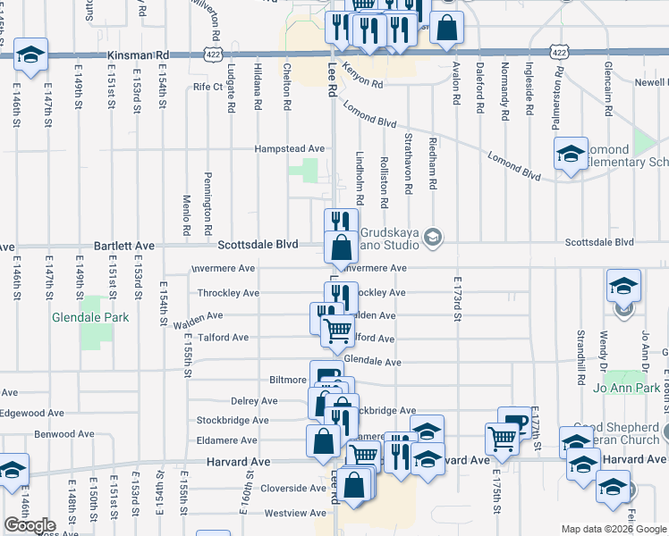 map of restaurants, bars, coffee shops, grocery stores, and more near Lee Rd & Invermere Ave in Cleveland