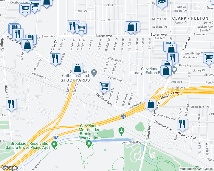 map of restaurants, bars, coffee shops, grocery stores, and more near 3585 West 50th Street in Cleveland
