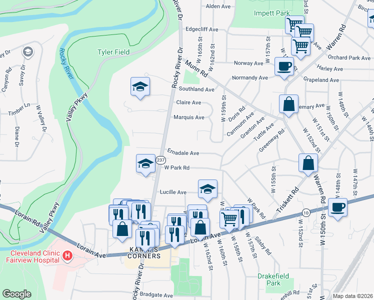 map of restaurants, bars, coffee shops, grocery stores, and more near 16708 Ernadale Avenue in Cleveland