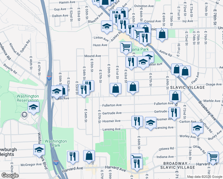 map of restaurants, bars, coffee shops, grocery stores, and more near 3721 East 59th Street in Cleveland