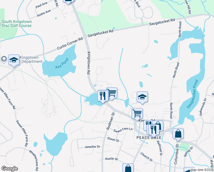 map of restaurants, bars, coffee shops, grocery stores, and more near 51 Rocky Brook Way in South Kingstown