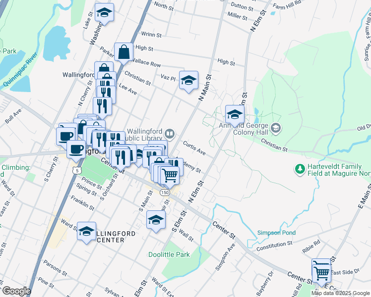 map of restaurants, bars, coffee shops, grocery stores, and more near 215 North Main Street in Wallingford