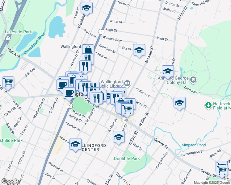 map of restaurants, bars, coffee shops, grocery stores, and more near 110 Church Street in Wallingford