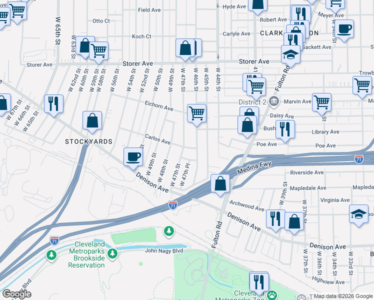 map of restaurants, bars, coffee shops, grocery stores, and more near 3574 West 46th Street in Cleveland