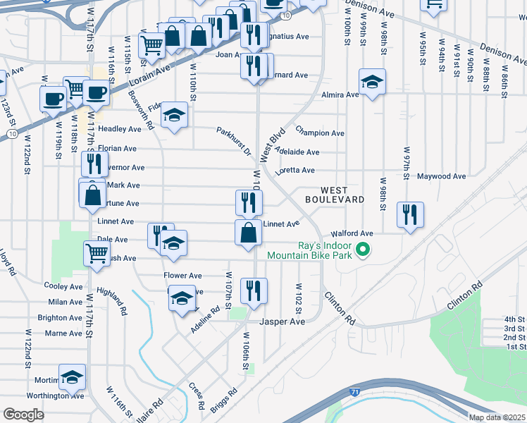 map of restaurants, bars, coffee shops, grocery stores, and more near in Cleveland