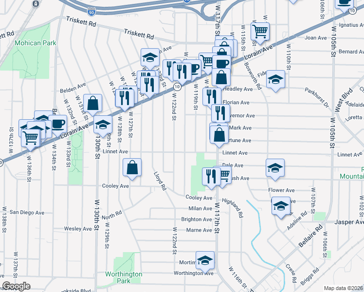 map of restaurants, bars, coffee shops, grocery stores, and more near 3523 West 122nd Street in Cleveland