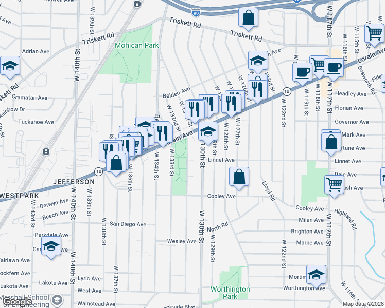 map of restaurants, bars, coffee shops, grocery stores, and more near 3564 West 130th Street in Cleveland