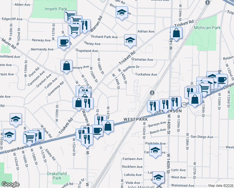 map of restaurants, bars, coffee shops, grocery stores, and more near 14617 Caldwell Avenue in Cleveland
