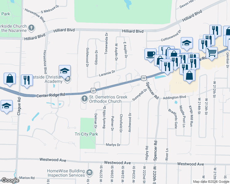 map of restaurants, bars, coffee shops, grocery stores, and more near 22591 Center Ridge Road in Rocky River