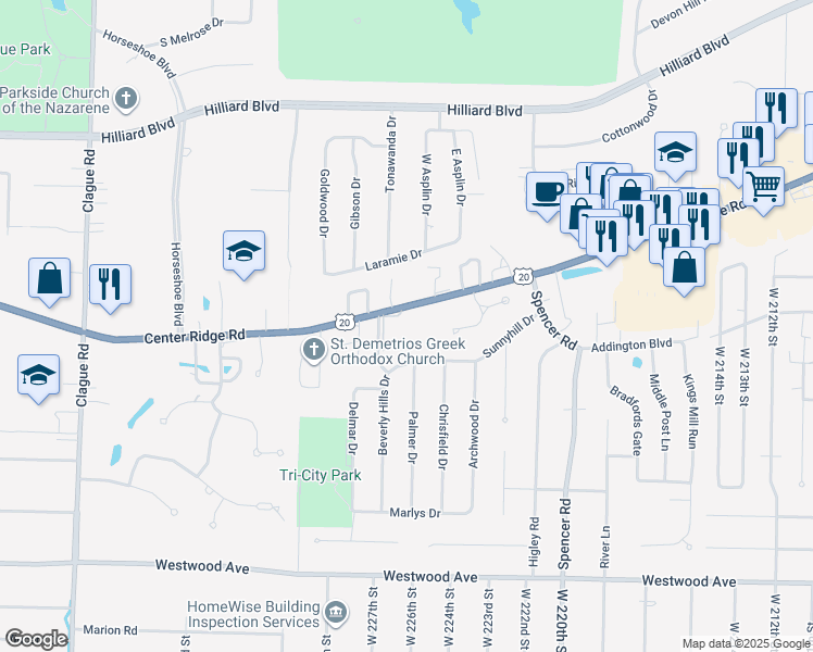 map of restaurants, bars, coffee shops, grocery stores, and more near 22591 Center Ridge Road in Rocky River