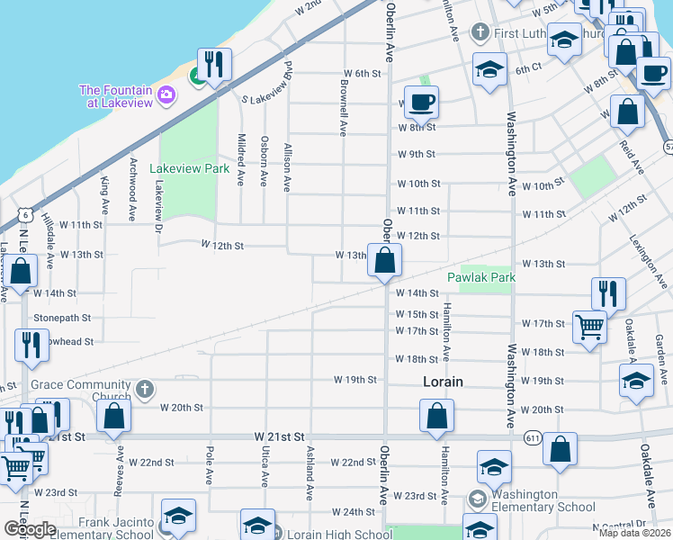 map of restaurants, bars, coffee shops, grocery stores, and more near 1317 West 13th Street in Lorain