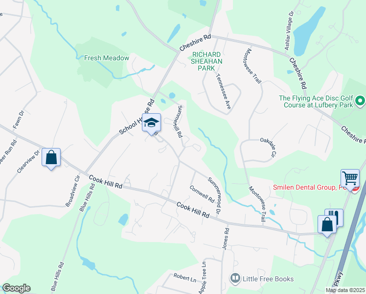 map of restaurants, bars, coffee shops, grocery stores, and more near 20 Summer Hill Road in Wallingford