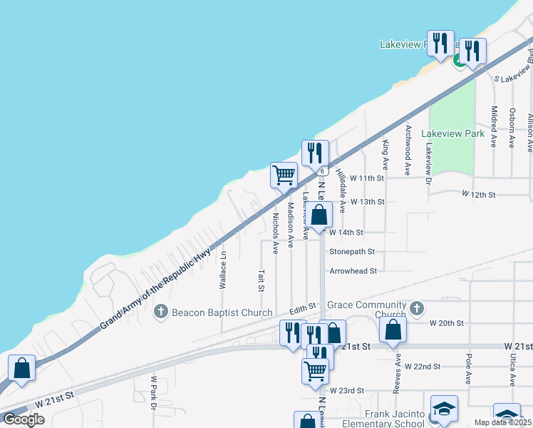 map of restaurants, bars, coffee shops, grocery stores, and more near 2733 U.S. 6 in Lorain