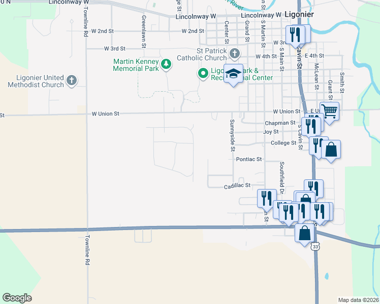 map of restaurants, bars, coffee shops, grocery stores, and more near 503 Park Meadow Drive in Ligonier