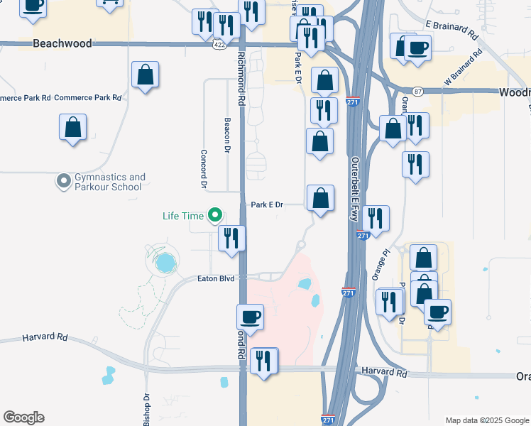 map of restaurants, bars, coffee shops, grocery stores, and more near 3000 Auburn Drive in Beachwood
