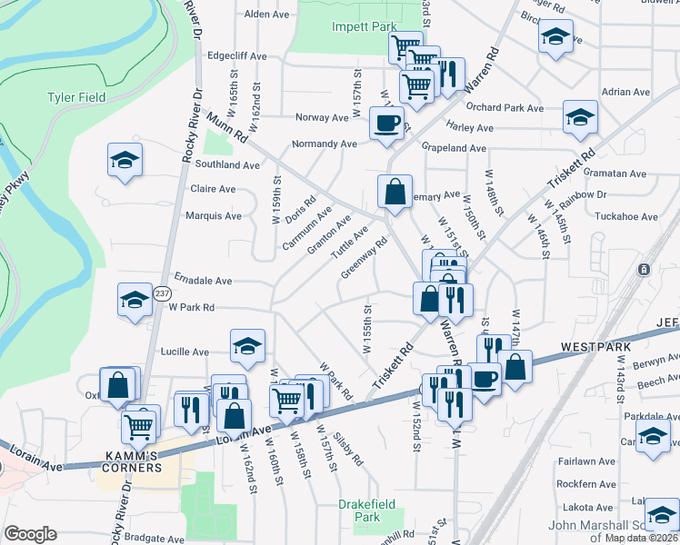 map of restaurants, bars, coffee shops, grocery stores, and more near 15616 Greenway Road in Cleveland