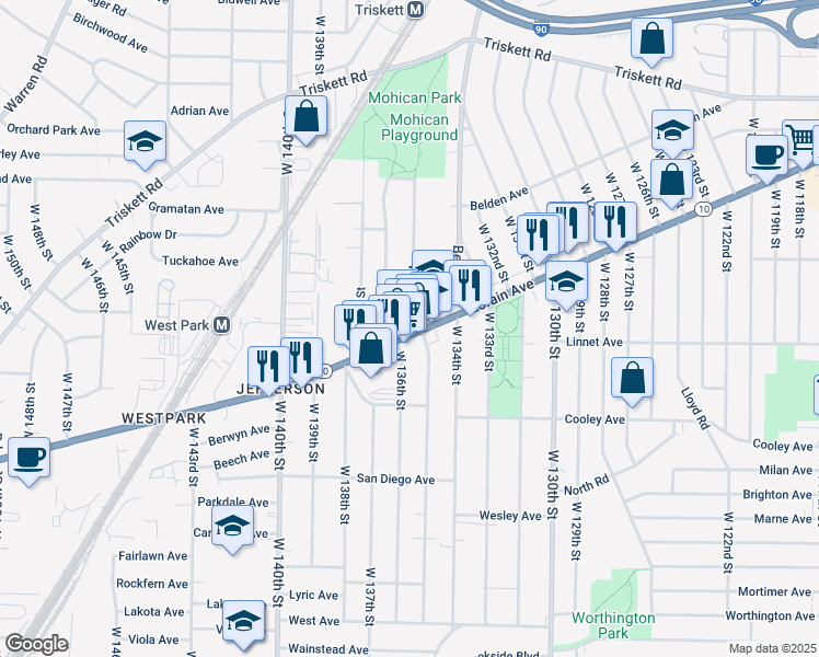 map of restaurants, bars, coffee shops, grocery stores, and more near 13510 Lorain Avenue in Cleveland