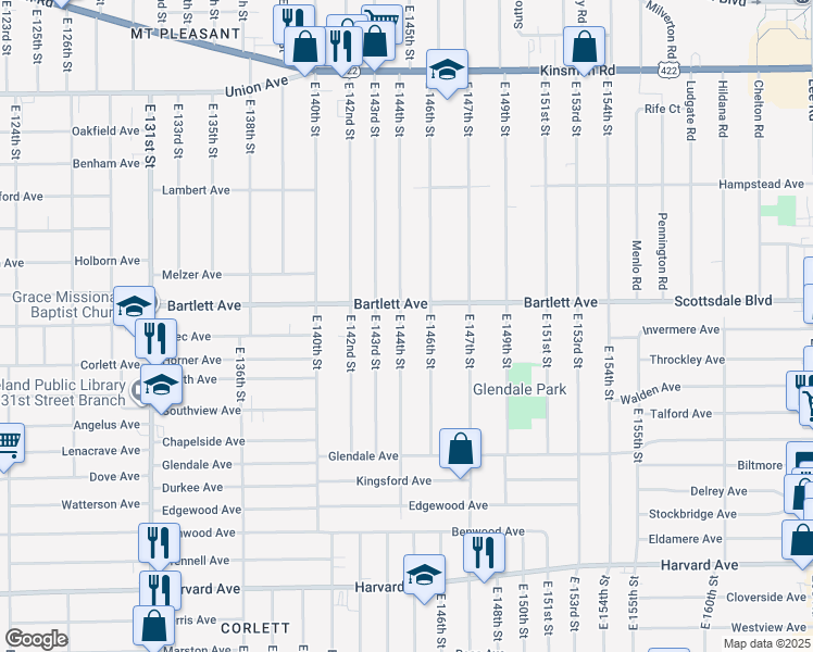map of restaurants, bars, coffee shops, grocery stores, and more near 3767 East 144th Street in Cleveland