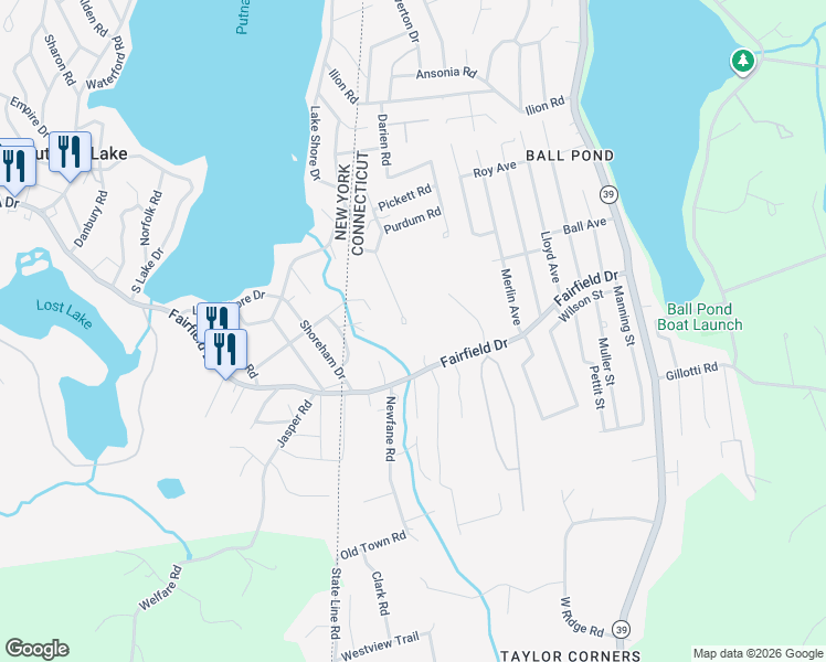 map of restaurants, bars, coffee shops, grocery stores, and more near 27 Albion Road in New Fairfield