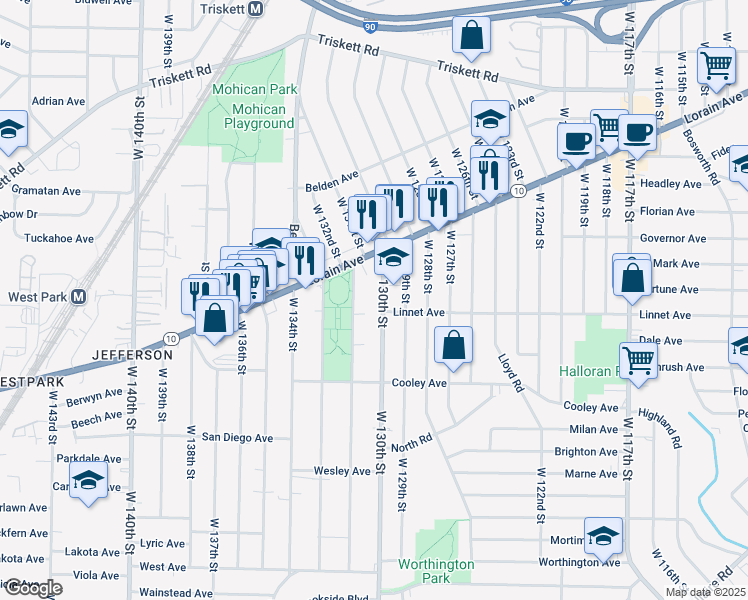 map of restaurants, bars, coffee shops, grocery stores, and more near 3564 West 130th Street in Cleveland