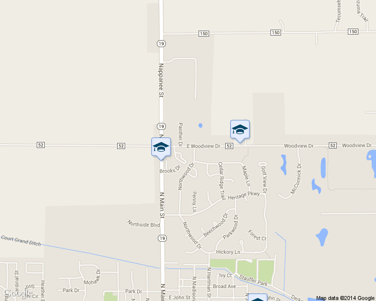 map of restaurants, bars, coffee shops, grocery stores, and more near 301 E Woodview Dr in Nappanee
