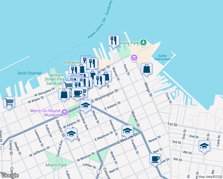 map of restaurants, bars, coffee shops, grocery stores, and more near 403 East Washington Street in Sandusky
