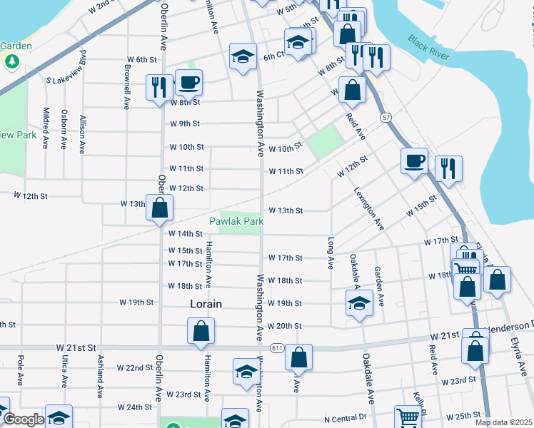 map of restaurants, bars, coffee shops, grocery stores, and more near 941 West 13th Street in Lorain
