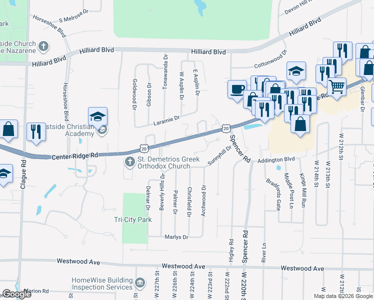 map of restaurants, bars, coffee shops, grocery stores, and more near 36 Nantucket Row in Rocky River