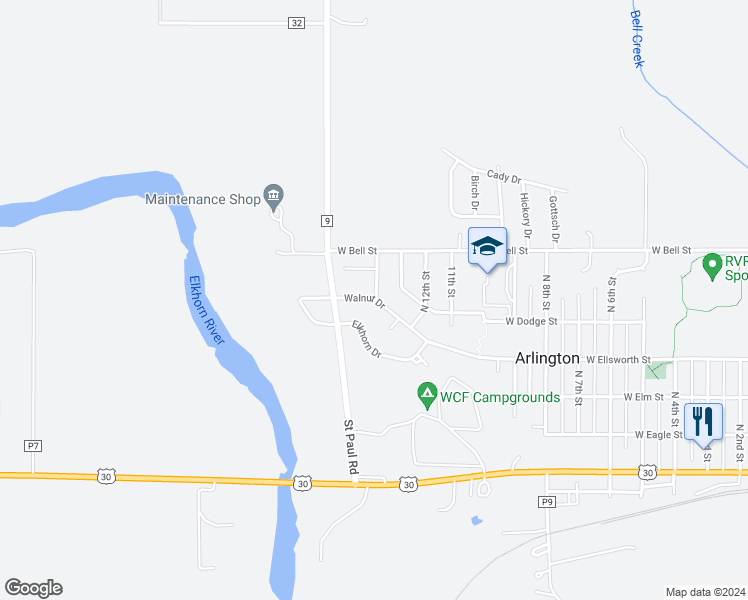 map of restaurants, bars, coffee shops, grocery stores, and more near 1425 Walnut Drive in Arlington