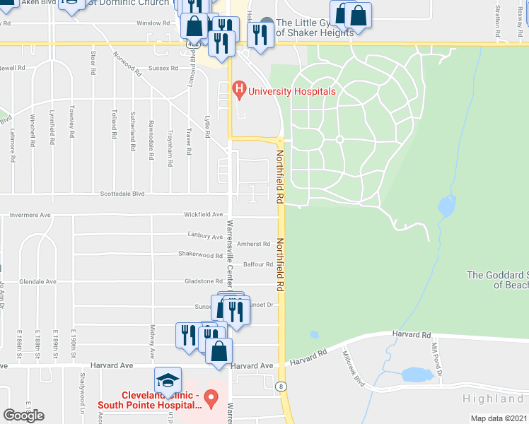 map of restaurants, bars, coffee shops, grocery stores, and more near 20615 Halifax Road in Warrensville Heights