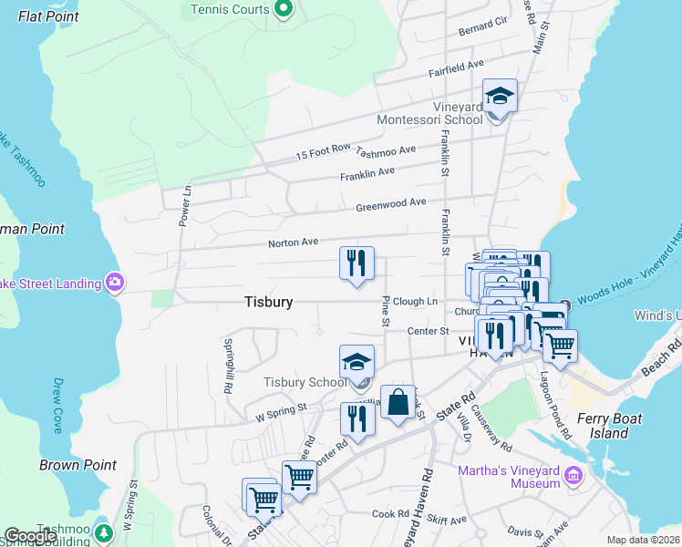 map of restaurants, bars, coffee shops, grocery stores, and more near 61 Summer Street in Tisbury
