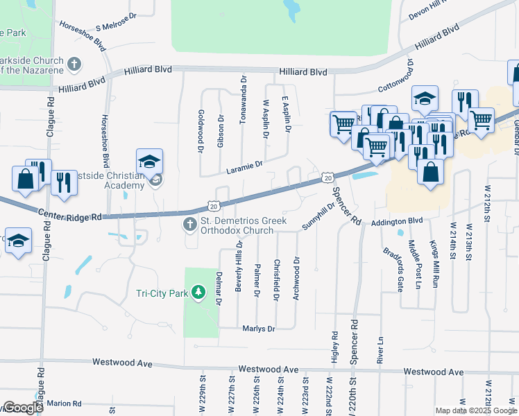 map of restaurants, bars, coffee shops, grocery stores, and more near 22603 Center Ridge Road in Rocky River
