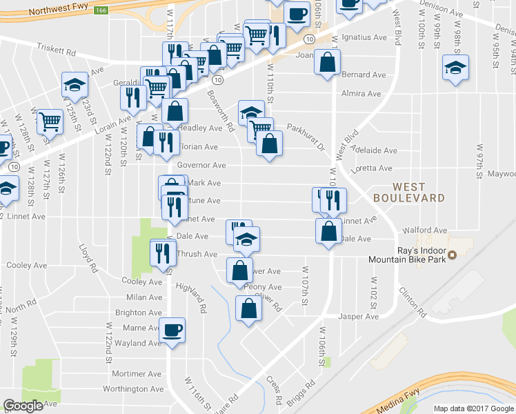 map of restaurants, bars, coffee shops, grocery stores, and more near 11021 Fortune Ave in Cleveland