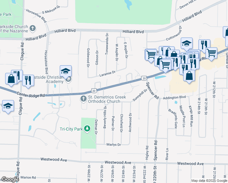 map of restaurants, bars, coffee shops, grocery stores, and more near 22603 Center Ridge Road in Rocky River
